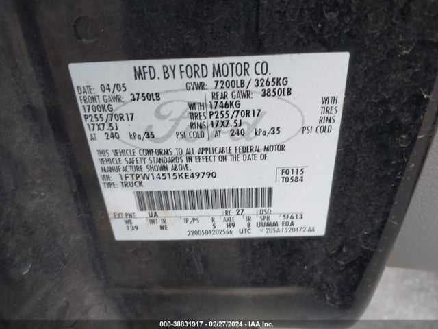 2005 FORD F150 SUPERCREW VIN: 1FTPW14515KE49790