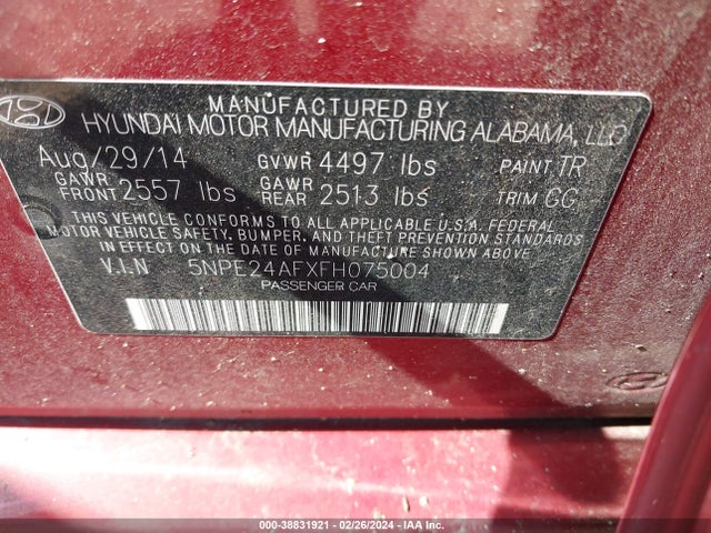Hyundai SONATA SE 2015 5NPE24AFXFH075004 Image 9