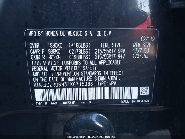 Honda HR-V LX 2019 3CZRU6H31KG715388 Image 9