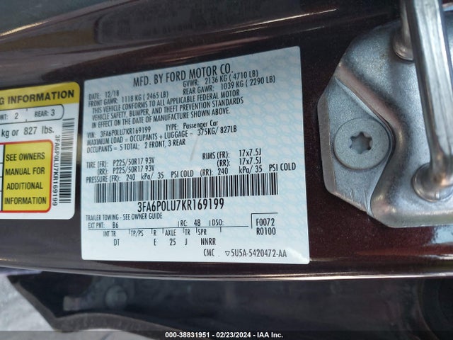 Ford FUSION SE 2019 3FA6P0LU7KR169199 Image 9