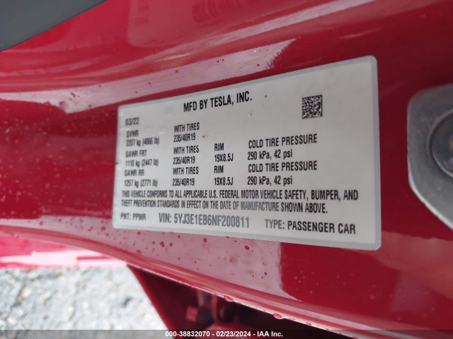 5YJ3E1EB6NF200811 Tesla Model 3 Long Range Dual Motor All-wheel Drive