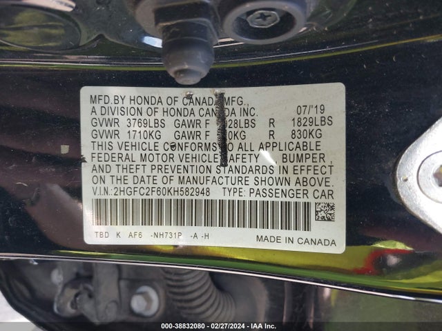 Honda Civic Lx 2019 2HGFC2F60KH582948 Image 9