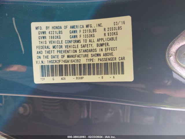 Honda ACCORD EX 2016 1HGCR2F74GA164392 Image 9