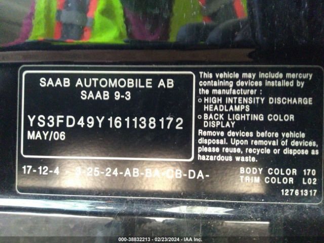 2006 SAAB 9-3 YS3FD49Y161138172 Photo 8