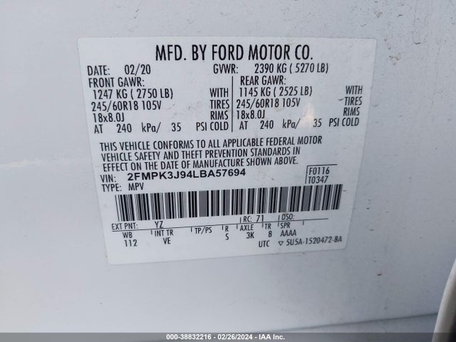 Ford EDGE SEL 2020 2FMPK3J94LBA57694 Image 9