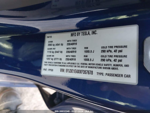 Tesla Model 3 Long Range/mid Range/standard Range/standard Range Plus 2019 5YJ3E1EAXKF357678 Image 9