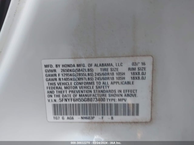 Honda Pilot Ex-l 2016 5FNYF6H55GB073400 Image 9