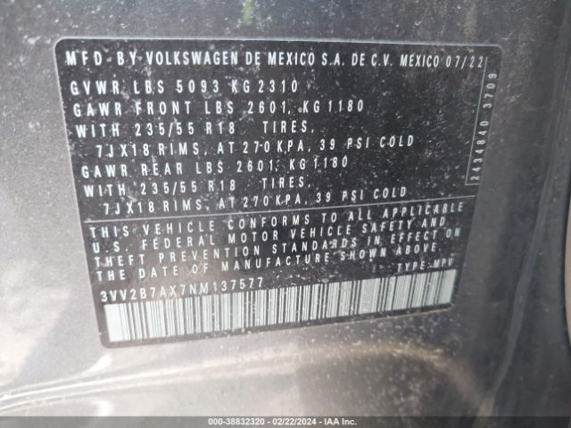 3VV2B7AX7NM137577 Volkswagen Tiguan 2.0t Se