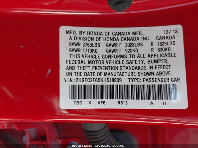 Honda Civic Lx 2019 2HGFC2F65KH518839 Image 9