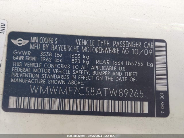 2010 MINI COOPER S WMWMF7C58ATW89265 Photo 8
