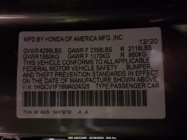 Honda ACCORD LX 2021 1HGCV1F16MA024325 Image 9