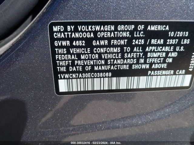 1VWCN7A30EC038069 Volkswagen Passat 2.0l Tdi Sel Premium