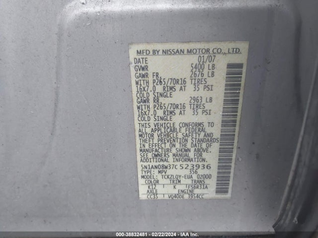 2007 NISSAN XTERRA X VIN: 5N1AN08W37C523936