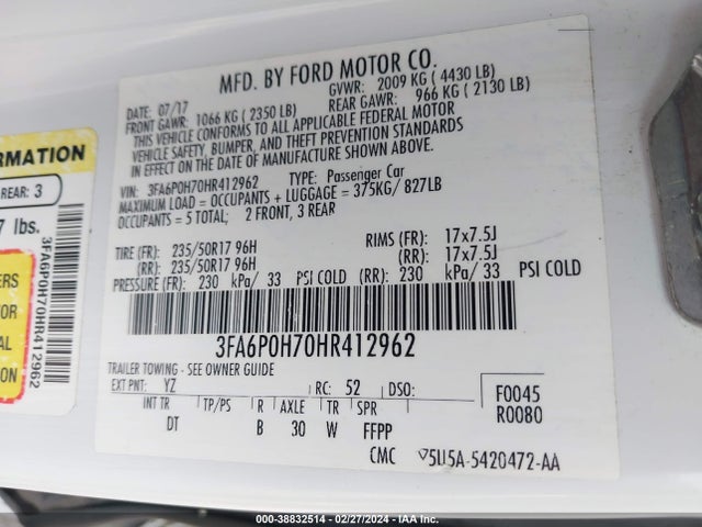 Ford FUSION SE 2017 3FA6P0H70HR412962 Image 9