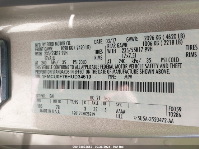 Ford ESCAPE S 2017 1FMCU0F76HUD34619 Image 9