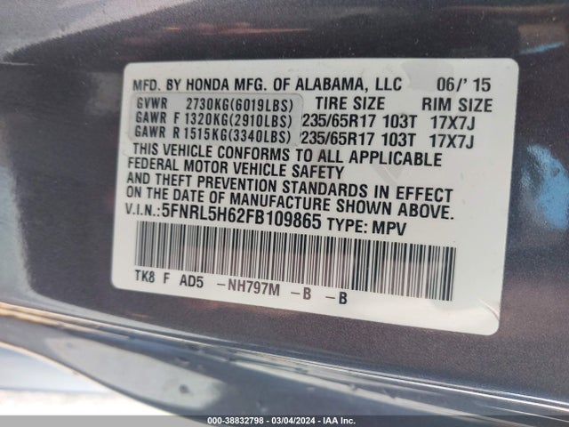 Honda Odyssey Ex-l 2015 5FNRL5H62FB109865 Image 9