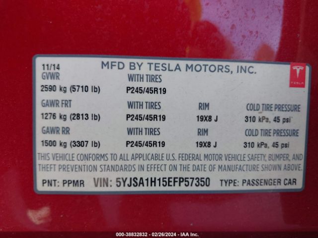5YJSA1H15EFP57350 Tesla Model S P85