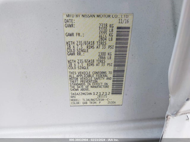 Nissan MURANO SL 2017 5N1AZ2MG5HN121212 Image 9