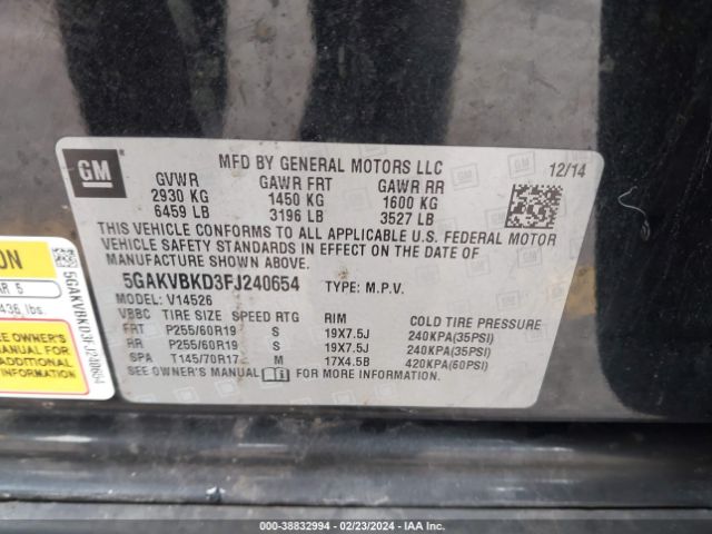 5GAKVBKD3FJ240654 Buick Enclave Leather