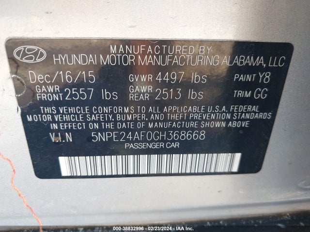 Hyundai SONATA SE 2016 5NPE24AF0GH368668 Image 9