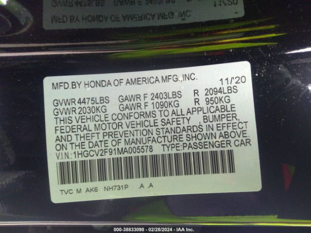 1HGCV2F91MA005578 Honda Accord Touring