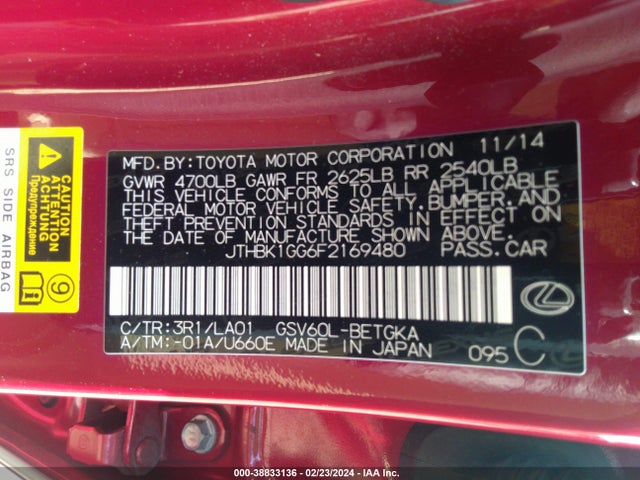 JTHBK1GG6F2169480 Lexus ES 350