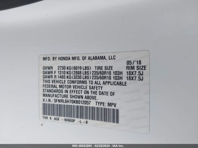5FNRL6H70KB012057 Honda Odyssey Ex-l