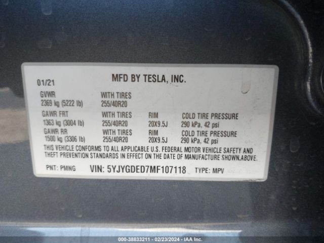 5YJYGDED7MF107118 Tesla Model Y Standard Range Rear-wheel Drive