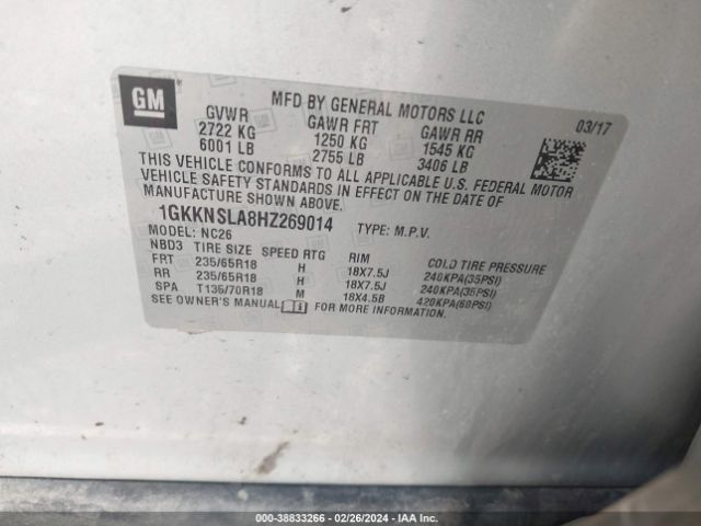 1GKKNSLA8HZ269014 GMC Acadia Sle-2
