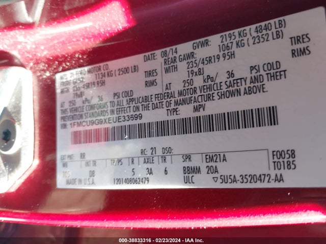 Ford ESCAPE SE 2014 1FMCU9G9XEUE33699 Image 9