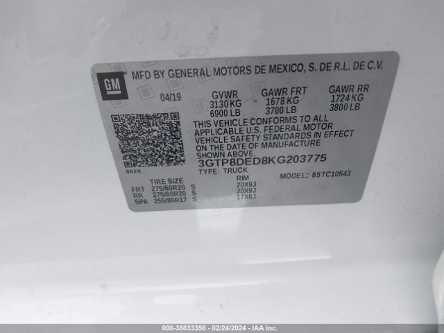 3GTP8DED8KG203775 GMC Sierra 1500 Slt