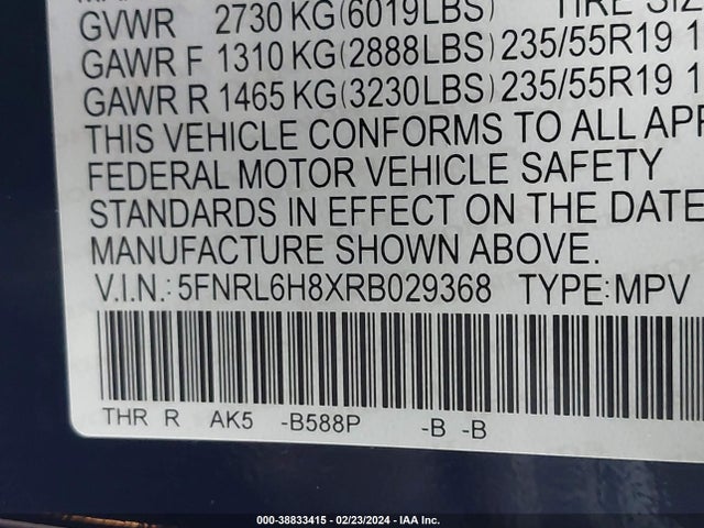 Honda Odyssey Touring 2024 5FNRL6H8XRB029368 Image 9