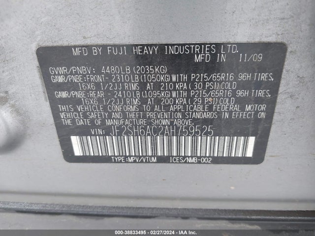 2010 SUBARU FORESTER 2.5X VIN: JF2SH6AC2AH759525