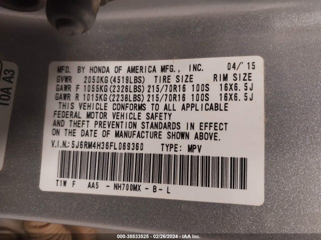 Honda CR-V LX 2015 5J6RM4H36FL069360 Image 9