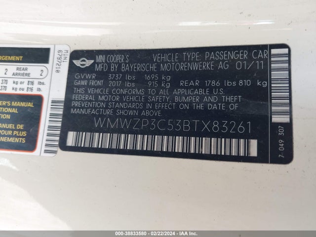 2011 MINI COOPER S WMWZP3C53BTX83261 Photo 8