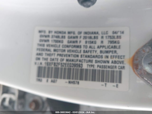 Honda Civic Lx 2014 19XFB2F52EE039593 Image 9