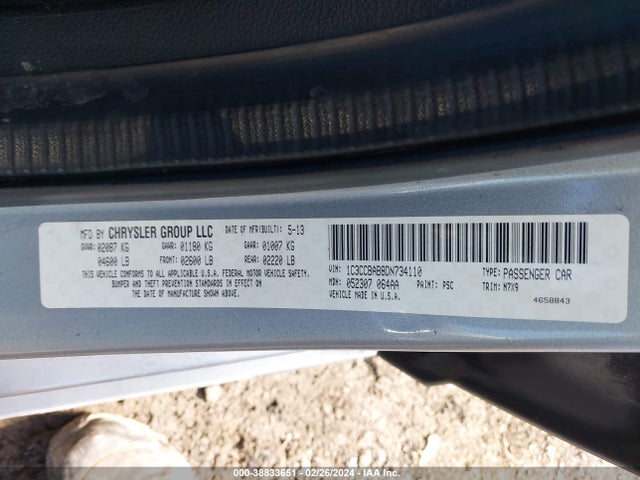 2013 Chrysler 200 Lx მანქანა იყიდება აუქციონზე, vin: 1C3CCBAB8DN734110, აუქციონის ნომერი: 38833651