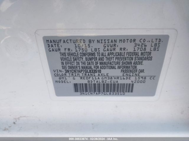 3N1CN7AP7GL833510 Nissan Versa 1.6 S/1.6 S+/1.6 Sl/1.6 Sv