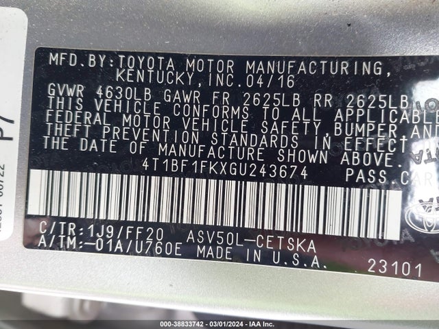 Toyota CAMRY SE 2016 4T1BF1FKXGU243674 Image 9