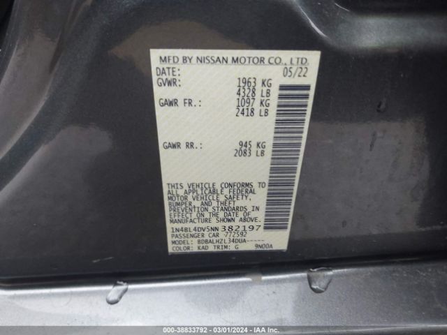 1N4BL4DV5NN382197 Nissan Altima Sv Fwd