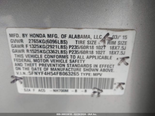 5FNYF4H54FB063265 Honda Pilot Ex-l