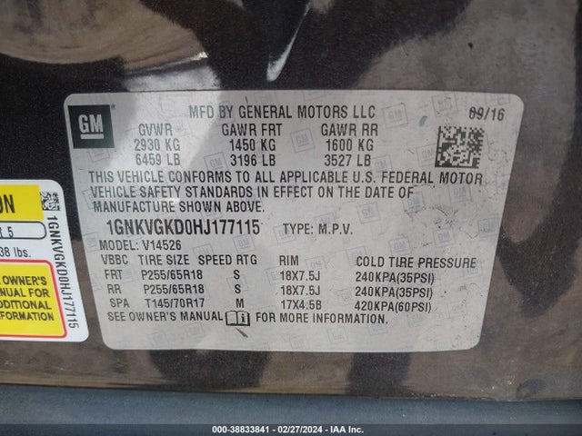 Chevrolet Traverse 1lt 2017 1GNKVGKD0HJ177115 Image 9