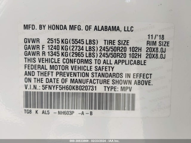 Honda Pilot Touring 2019 5FNYF5H60KB020731 Image 9