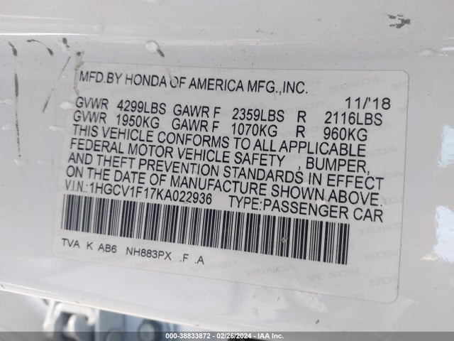 Honda ACCORD LX 2019 1HGCV1F17KA022936 Image 9