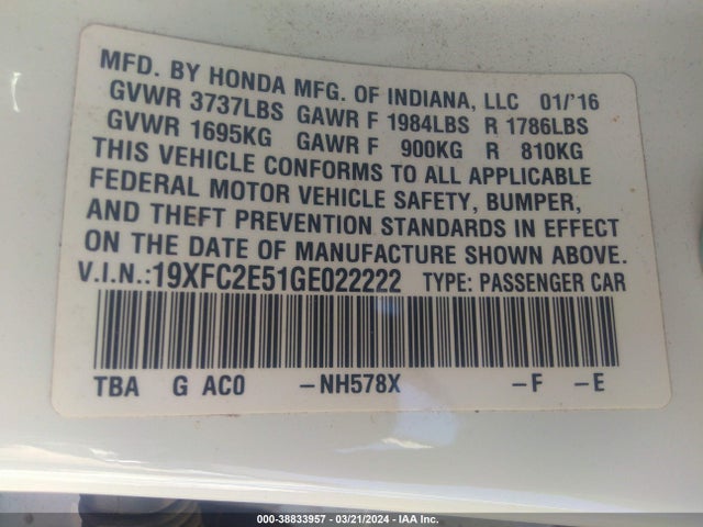 Honda Civic Lx 2016 19XFC2E51GE022222 Image 9