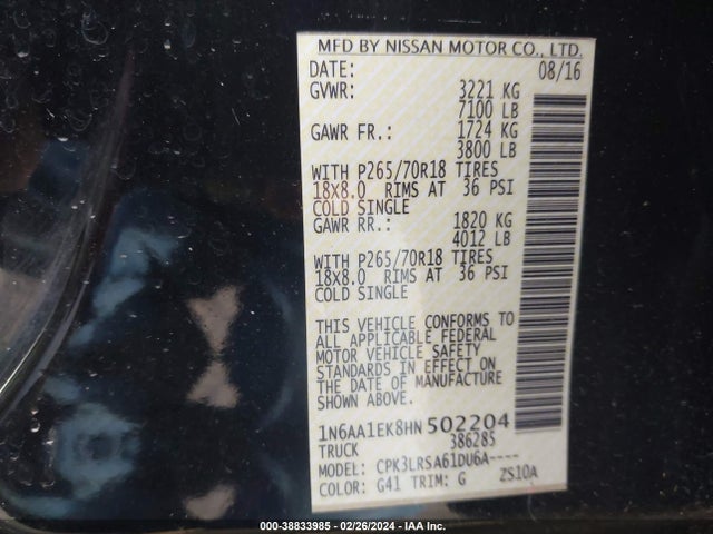 Nissan TITAN S 2017 1N6AA1EK8HN502204 Image 9