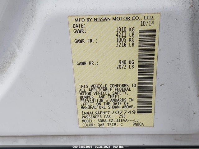 Nissan Altima 2.5 S 2015 1N4AL3AP9FC207749 Image 9
