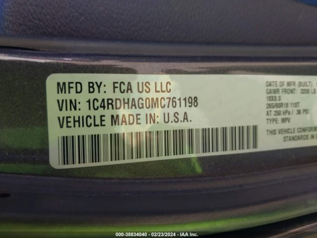 1C4RDHAG0MC761198 Dodge Durango Sxt Rwd