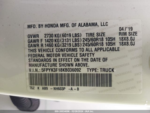 5FPYK3F18KB036092 Honda Ridgeline Sport