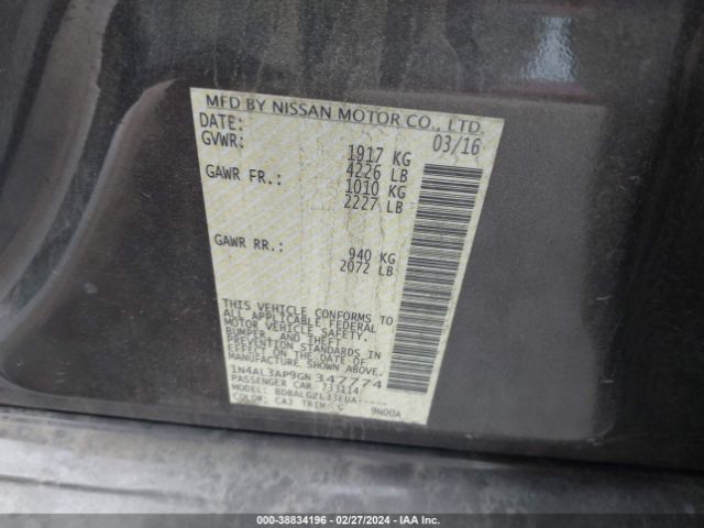 1N4AL3AP9GN347774 Nissan Altima 2.5/2.5 S/2.5 Sl/2.5 Sr/2.5 Sv